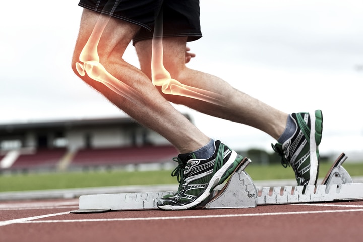 Digital composite of Highlighted bones of man about to race